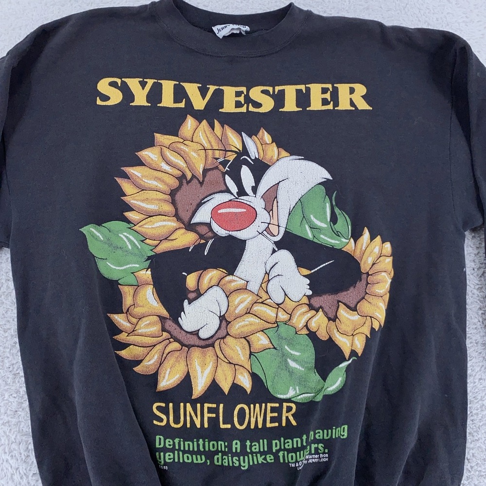 Vintage Sylvester Sunflower Sweatshirt Mens Medium Black Looney Tunes Cartoon